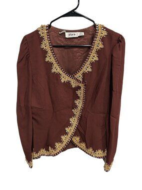D'ore Burgundy Embellished Long Sleeve Blouse Gold Lace Trim Size 8 Elegant Chic